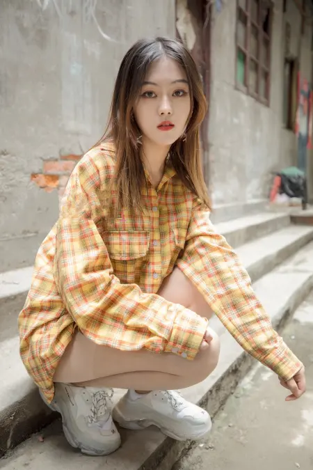 橙色格子衬衣美女肉丝