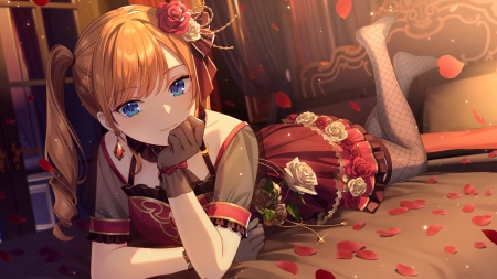 anime girls gloves blue eyes blonde petals side ponytail feet