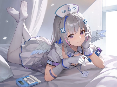 anime girls virtual youtuber hololive amane kanata wings nurse- outfit purple eyes gloves feet